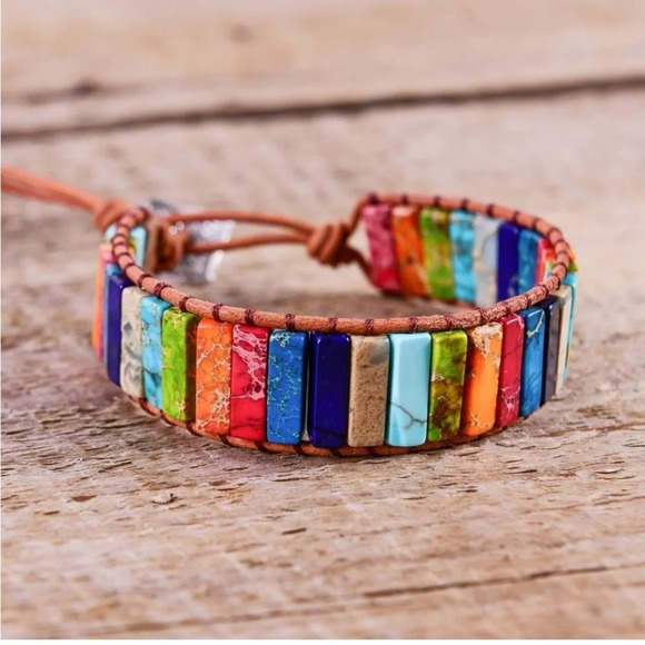 Handmade Bohemian Multi Colored stone leather bracelet. - Picture 2 of 9